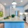 a kitchen with a blue countertop