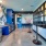 a kitchen with blue cabinets